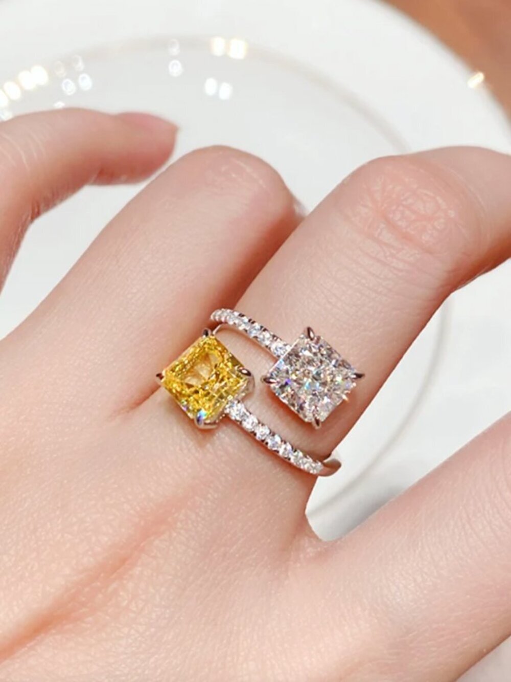 18k White Gold Citrine Diamond Ring Wrap Ring Princess Cut Stone Adjustable Size
